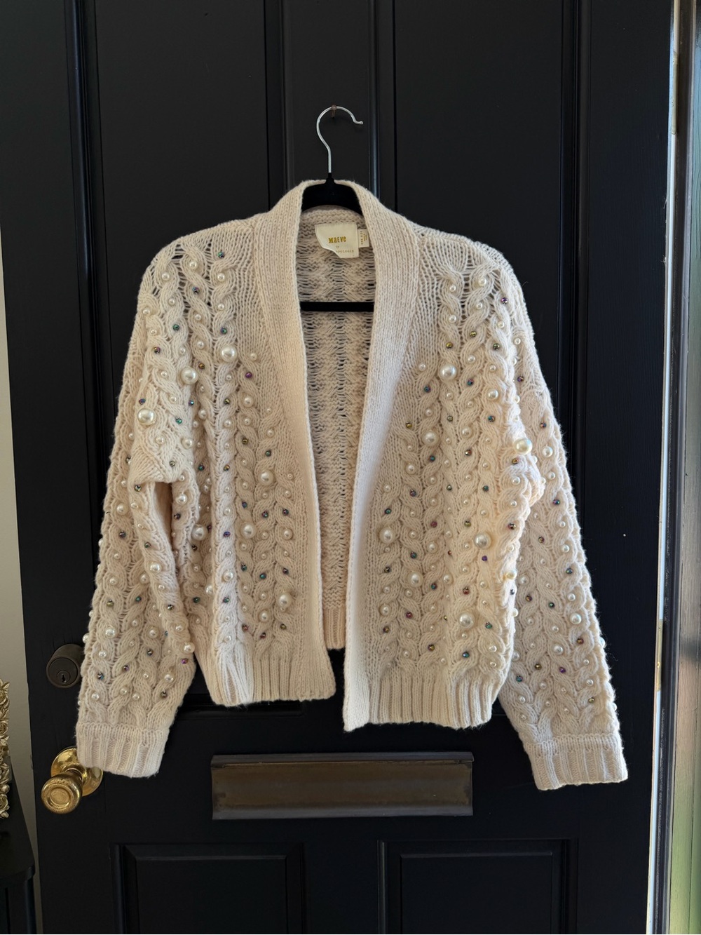 Anthropologie Cream Beaded Cable-Knit Open Cardigan